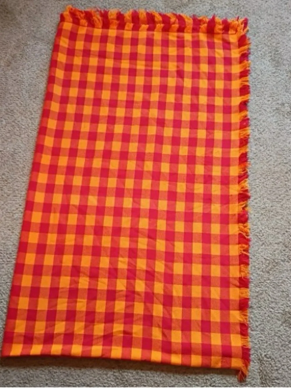 Vintage Red & Orange Checkered Fringed Fabric Tablecloth 92”x55”